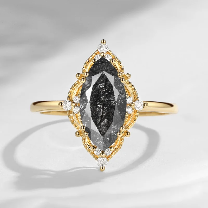 mixed metal engagement rings -2.5ct 18K Marquise Vintage Inspired Black Rutilated Quartz Engagement Ring