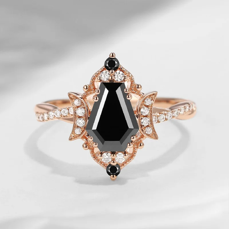 vintage rose gold engagement rings -Crescent Moon | Coffin Cut Black Moissanite Infinity Engagement Ring