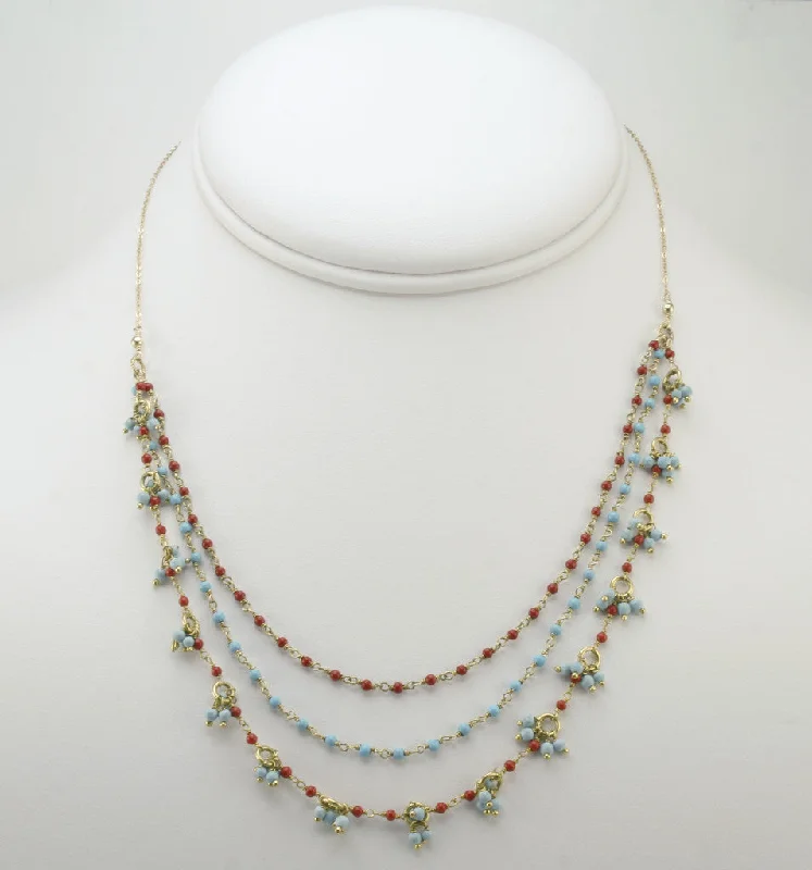 long necklaces for women -Turquoise & Coral 3 Layers Necklace