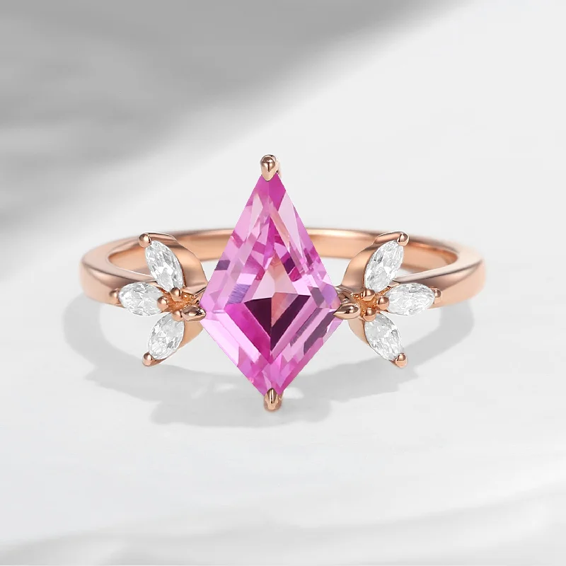 platinum diamond engagement rings -Kite Shaped Lab Pink Sapphire Butterfly Cluster Engagement Ring