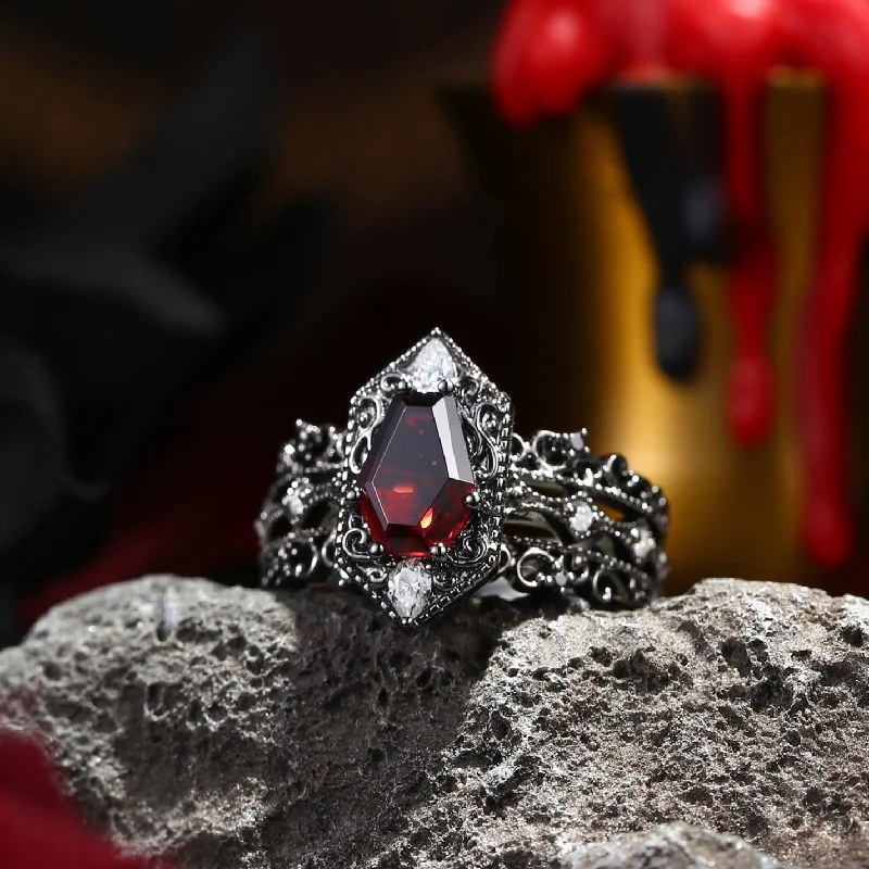 women’s engagement ring sets -Vintage Inspired Coffin Cut Garnet Vampire Shield Engagement Ring Set 3pcs